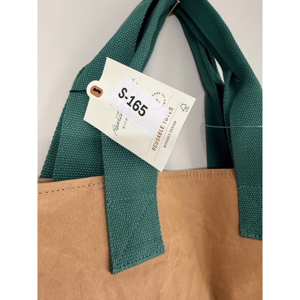Hearth &‎ Hand Magnolia Reusable Tote Bag Set Tan Green 2pc Wipeable NWT - Picture 4 of 5